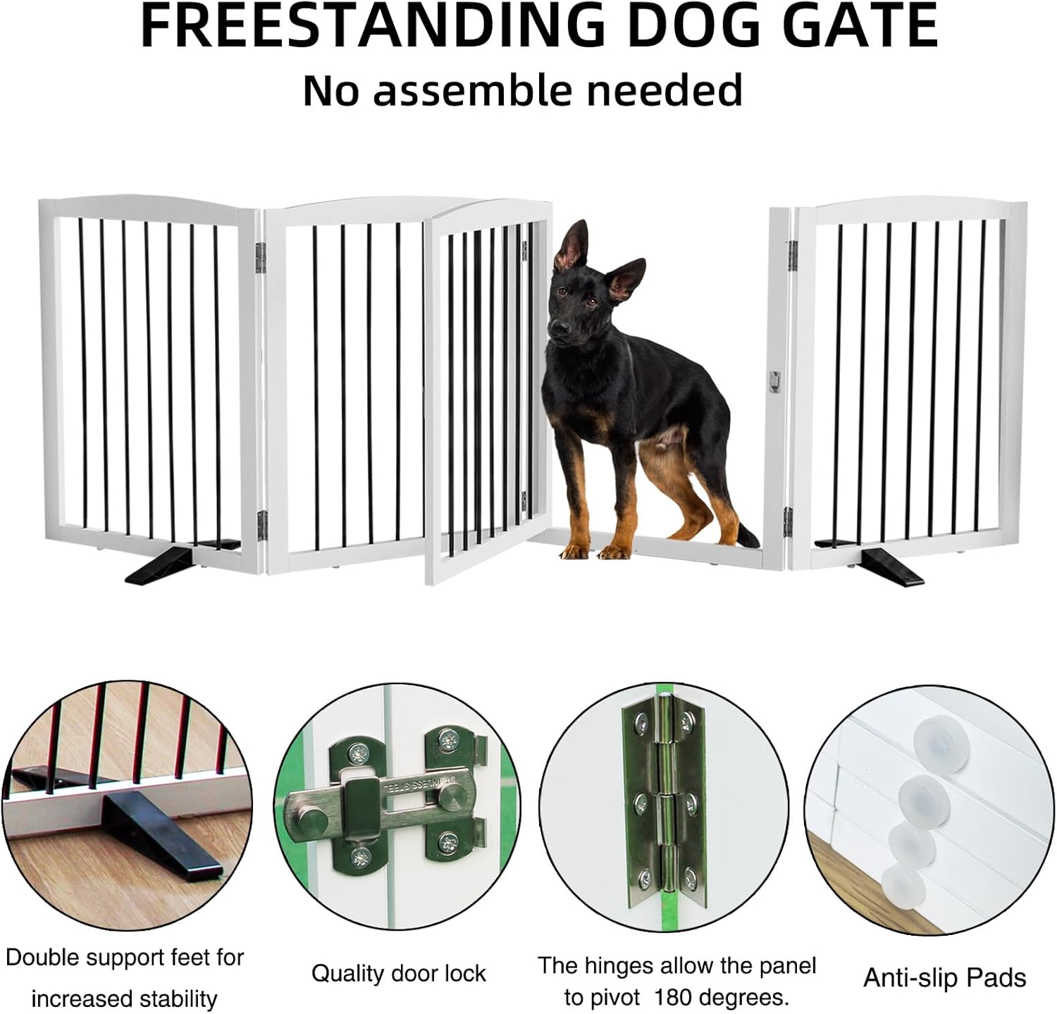 Dog Gate Freestanding Dog Fence Indoor with Door Foldable, Wooden Dog Gate for The House, Doorway, Stairs, Pet Gate Puppy Safety Fence, Support Feet Included, 32 Height, 4 Panels, White